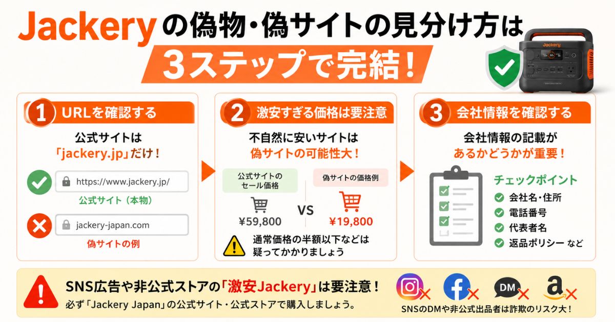 Jackeryの偽物・偽サイトの見分け方は3ステップで完結します